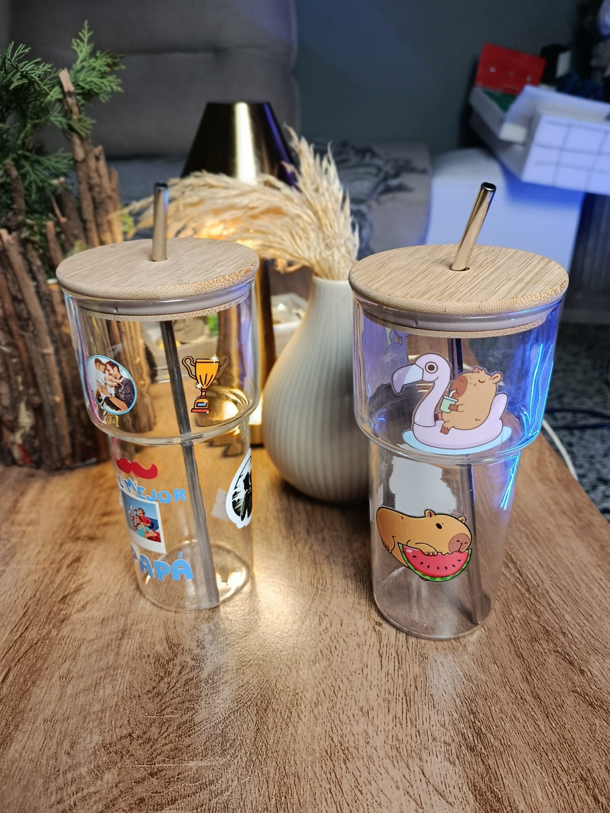 Vaso de vidrio tapa de Bambu